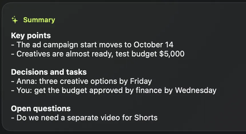 Call summary: key points, decisions and tasks, open questions